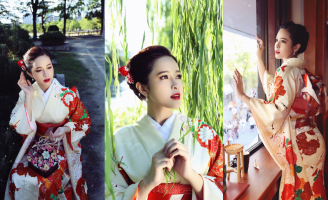 Hoa hậu Lê Bảo Tuyền diện kimono ‘thả dáng’ trên đường phố Osaka