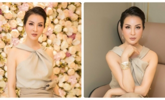 Thanh Mai khoe vai trần gợi cảm trong trang phục của Đỗ Mạnh Cường